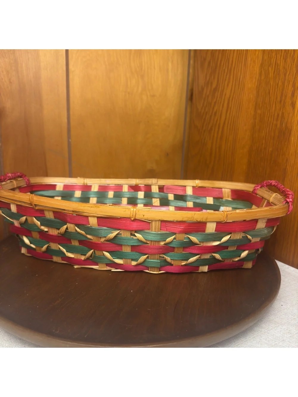 Vintage Christmas Woven Basket Red Green Natural Bamboo Holiday Serving Basket